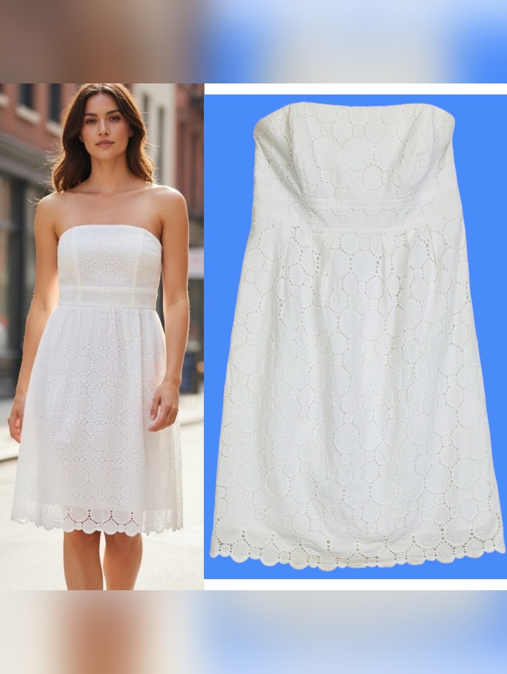 Shoshanna sz 6 strapless sun dress white eyelet embroidered summer beach scallop